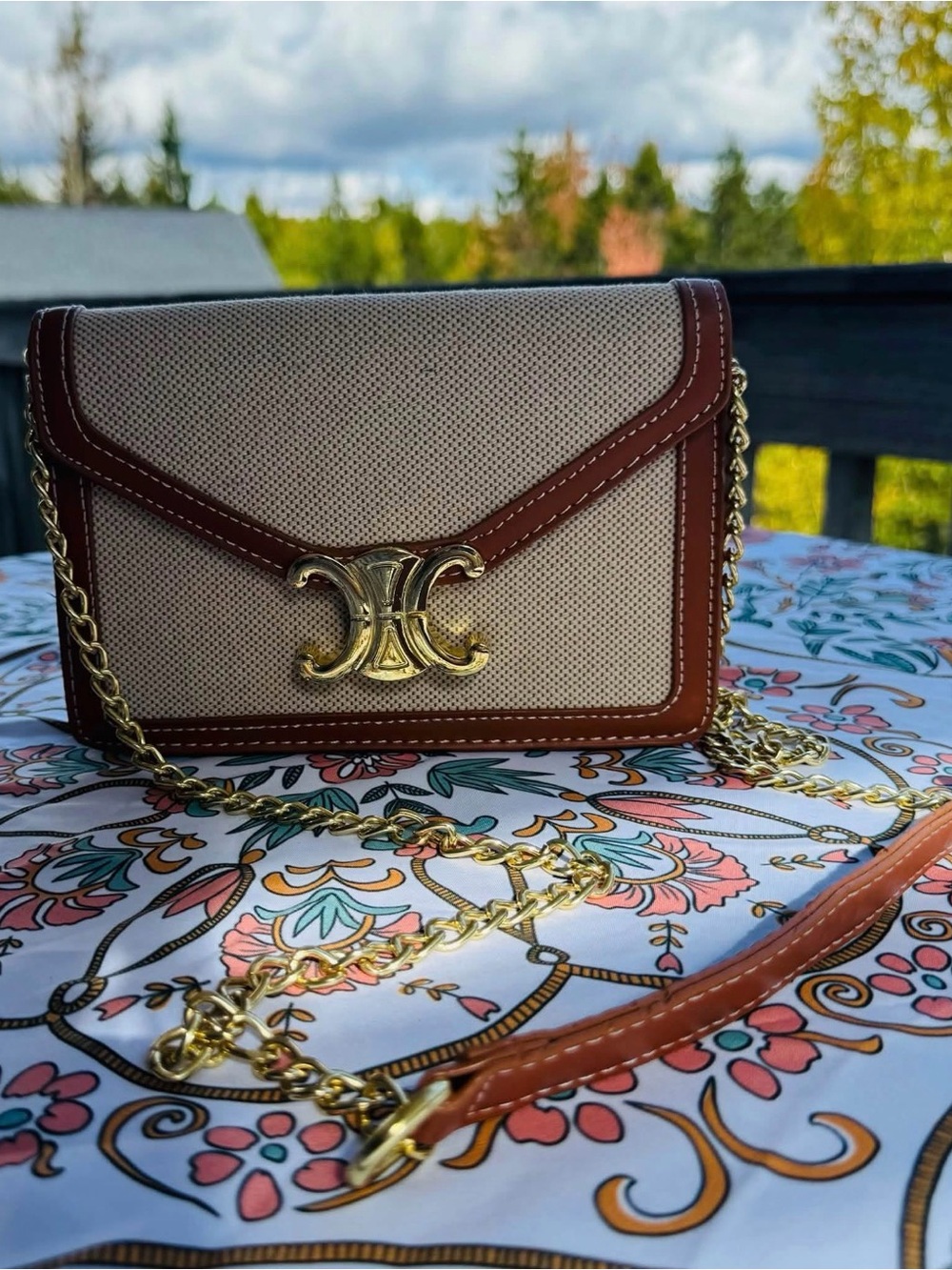 Celine Cream Canvas and Brown Leather Crossbody Triomphe with Gold Hardware